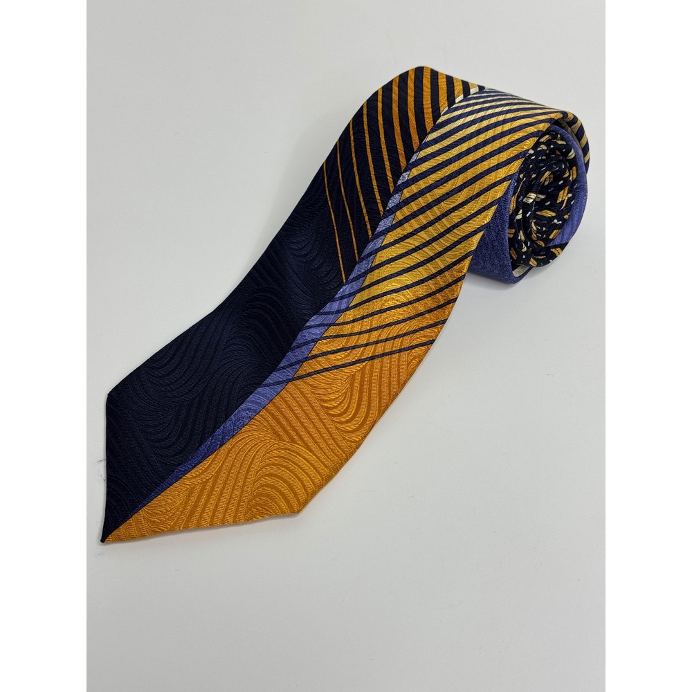 Vitaliano Pancaldi Italy Silk Tie Navy Blue Gold Geometric Striped Avant Garde